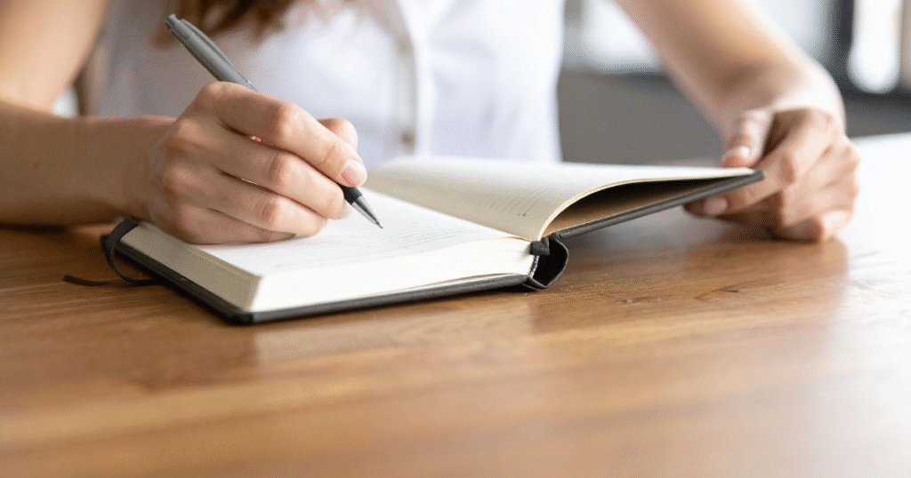 ノートに学びを記録する女性の手元の写真